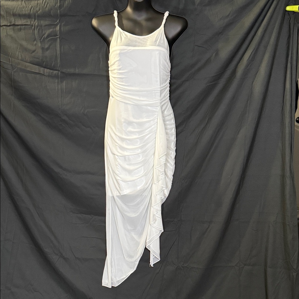 Elegant White Asymmetrical Ruched Slip Dress (PERFECT FOR A BEACH WEDDING)